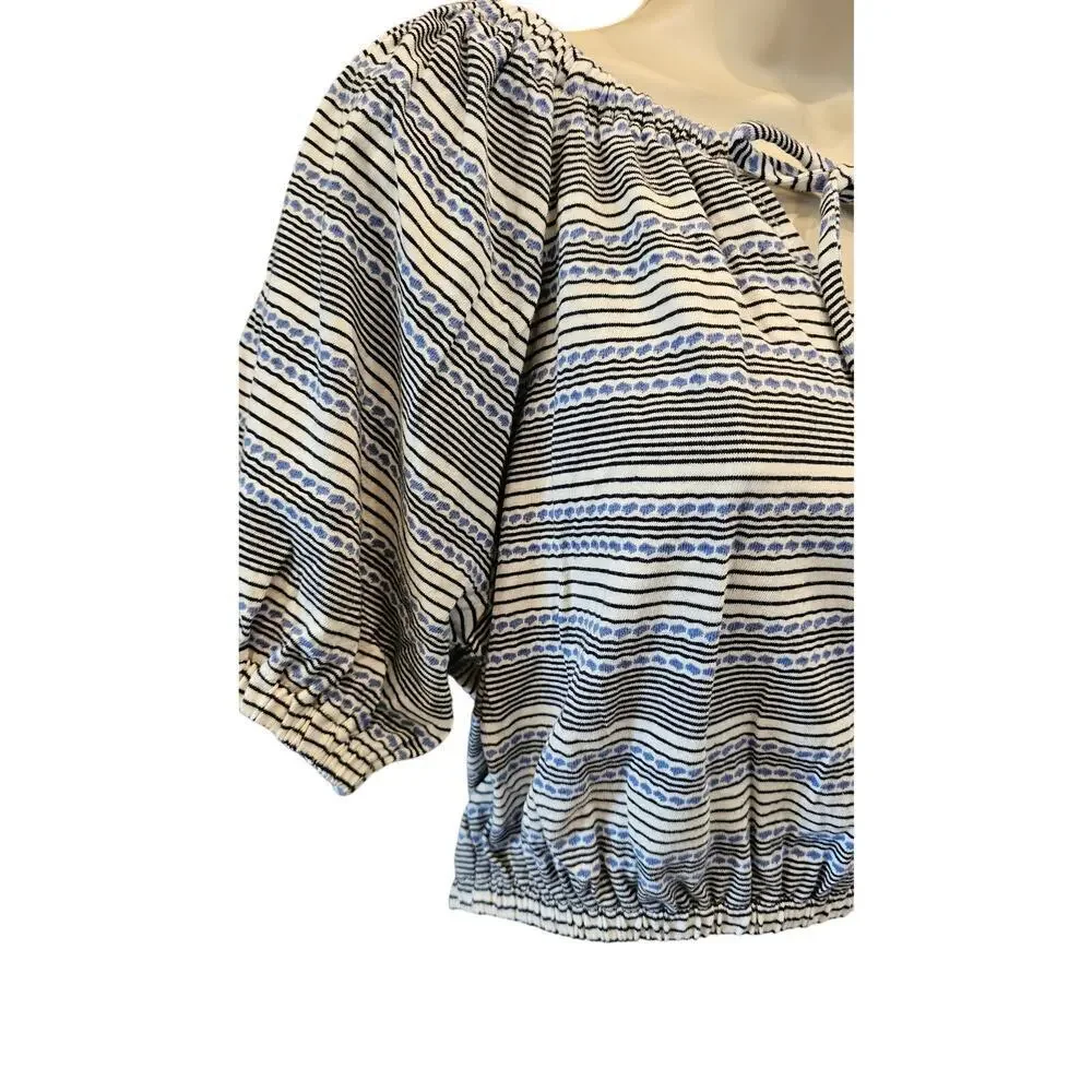 Madewell Jacquard Keyhole Puff Sleeve Crop Top Stripe chambray boho S EUC